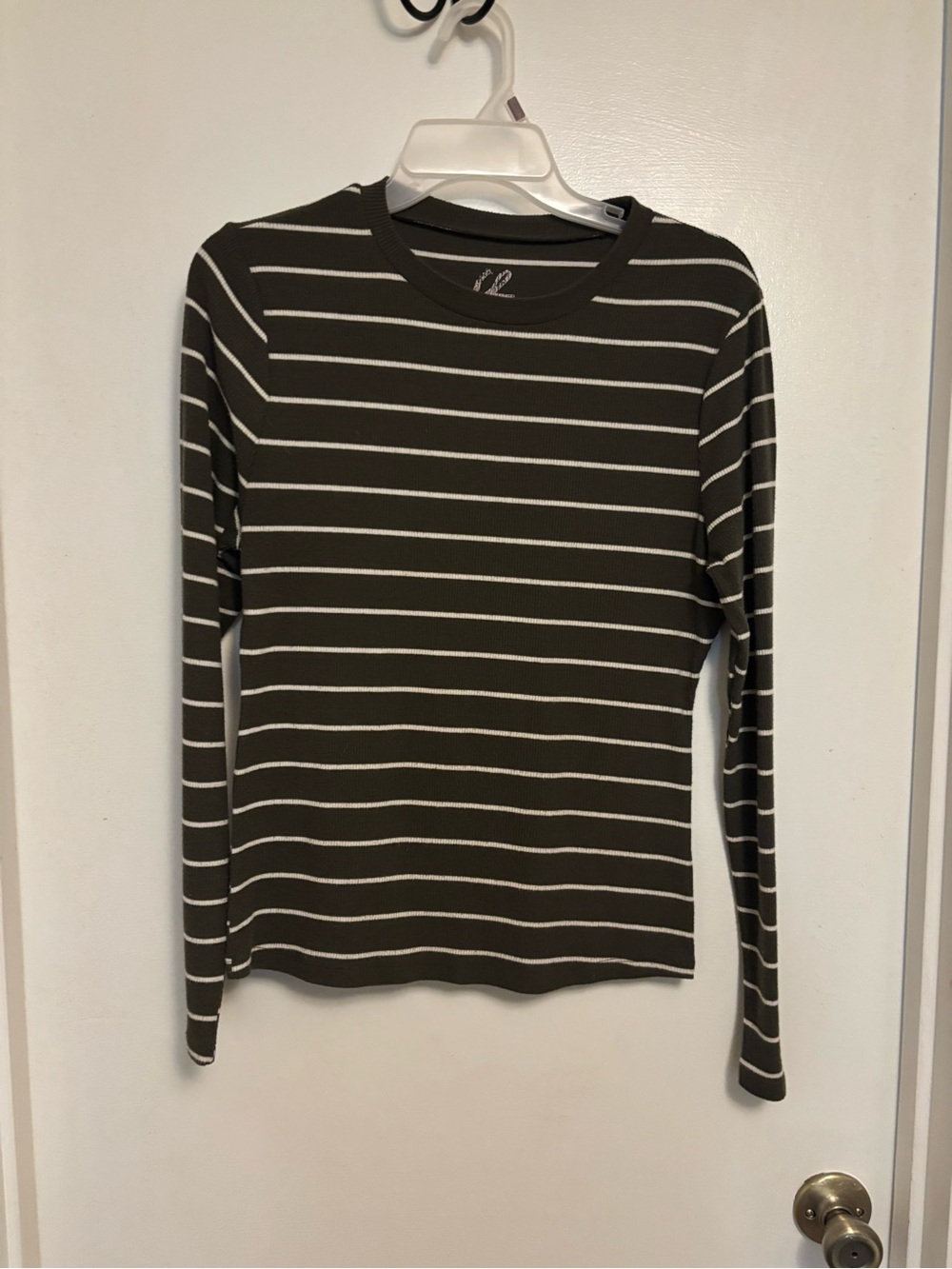 Charlotte Russe Olive Green and White Striped Long Sleeve Tee